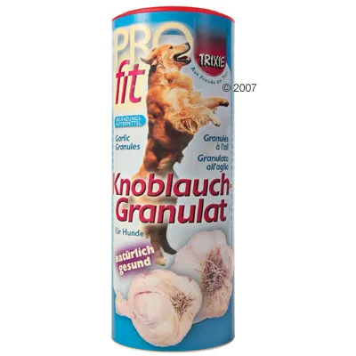 Envase de Trixie Knoblauch-Granulat para perros. Texto visible: Garlic Granules, Granulato all’aglio, natürlich gesund. Imagen de perro y ajos en la etiqueta.
