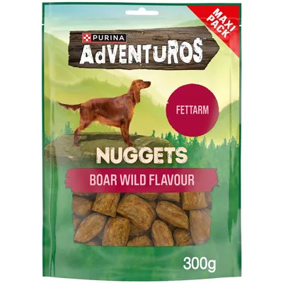 Purina Adventuros Nuggets Boar Wild Flavour, FETTARM, MAXI PACK, 300g – balenie maškŕt pre psov s príchuťou diviaka, viditeľné kúsky vo vrecku.