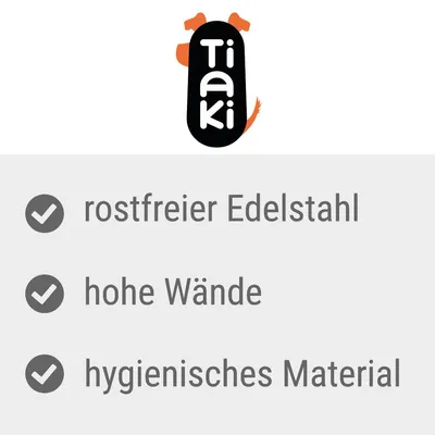 Tiaki. Ominaisuudet: ruostumaton teräs, korkeat reunat, hygieeninen materiaali.