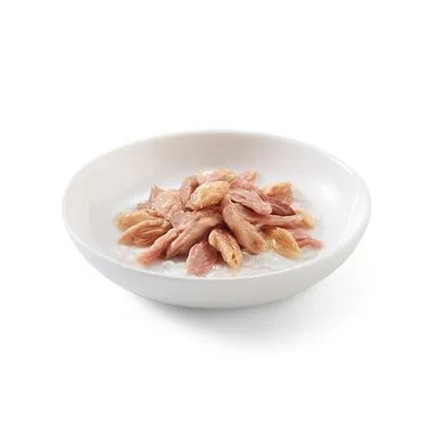 Wit keramisch schaaltje met stukjes natvoer in saus, lichtroze vlees zichtbaar. Geen merknaam of verpakking aanwezig.