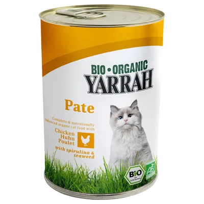 Yarrah BIO-ORGANIC Pate kattemad med kylling, spirulina og tang. Tekst: Complete & nutritionally balanced organic cat food with Chicken Huhn Poulet with spirulina & seaweed. Øko-mærker synlige.