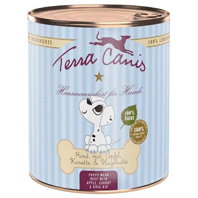 Terra Canis Hausmannskost per cani. Manzo con mela, carota e rosa canina. 100% naturale, qualità alimentare, Puppy Menu. Lattina con design a strisce blu e bianche e grafica di cane.