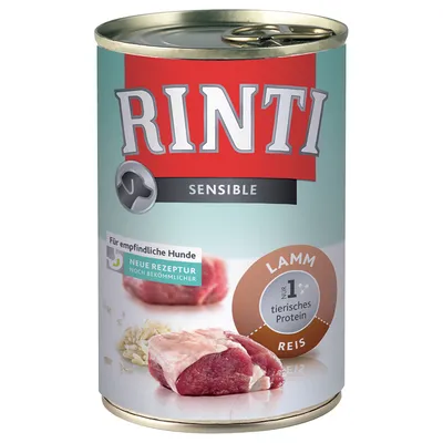 RINTI Sensible, Lamm, Reis. Widoczny napis: Für empfindliche Hunde, Neue Rezeptur noch bekömmlicher, nur 1 tierisches Protein.