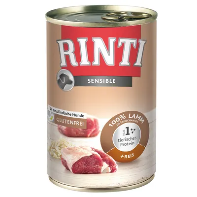 RINTI Sensible koiran märkäruokapurkki, näkyvissä tekstit: 100 % lammasta, vain 1 eläinproteiini, gluteeniton, riisiä. Saksankielinen teksti: Für empfindliche Hunde.