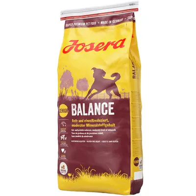 Sac Josera Balance Senior, taux de graisses et de protéines réduit, taux modéré de minéraux, recette sans gluten. Texte en allemand et anglais également visible sur l'emballage.