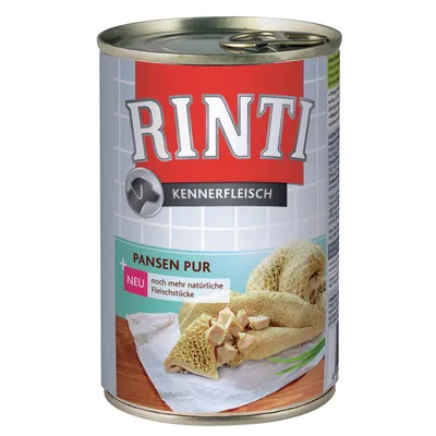 RINTI Kennerfleisch Pansen Pur dåse. Tekst: 'NEU noch mehr natürliche Fleischstücke'. Billede af kød på skærebræt. Synlig tysk tekst på etiketten.