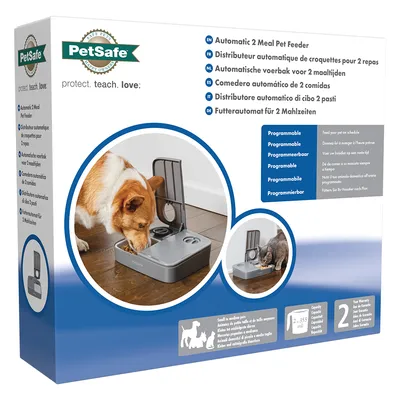 PetSafe Futterautomat für 2 Mahlzeiten, programmierbar, geeignet für kleine bis mittelgrosse Haustiere. Kapazität: 2 x 355 ml. Garantie: 2 Jahre.