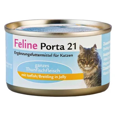 Feline Porta 21 -täydennysravinto kissoille, kokonainen tonnikalafile, Icefish/Breitling in Jelly. Etiketissä kissan kuva. Teksti saksaksi ja englanniksi.