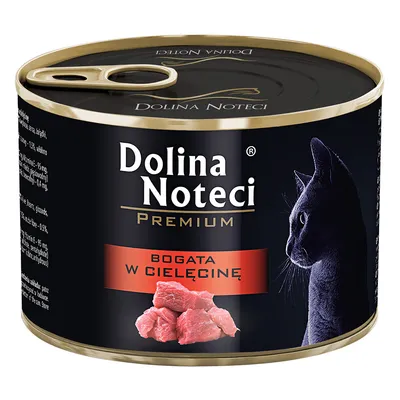 Dolina Noteci Premium Katzenfutterdose, reich an Kalbfleisch. Schwarze Dose mit rotem Etikett und Bild eines schwarzen Katzenprofils sowie Fleischstücken.