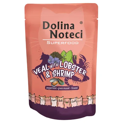 Dolina Noteci Superfood. Cielęcina z homarem i krewetkami. Składniki: mięta pieprzowa, małż zielonowargowy, siemię lniane. Opakowanie z ilustracjami kotów.