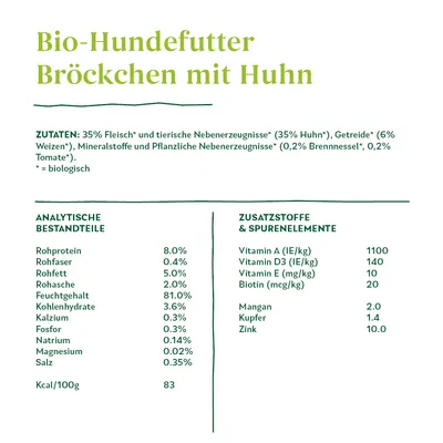 Bio-Hundefutter Bröckchen mit Huhn. Zutaten: 35% Fleisch, Getreide, Mineralstoffe, Brennnessel, Tomate. Analytische Bestandteile und Zusatzstoffe wie Protein 8%, Vitamin A 1100 IE/kg.