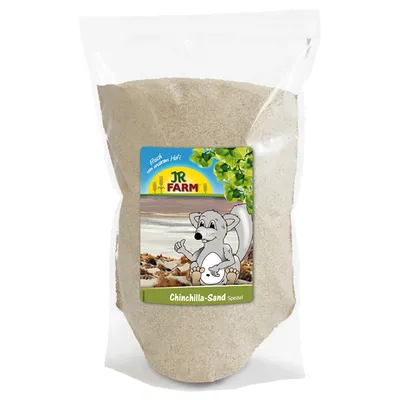 JR Farm Chinchilla Sand Spezial, packaging with sand and drawing of a chinchilla. Text: 'Fresh from our own farm'.