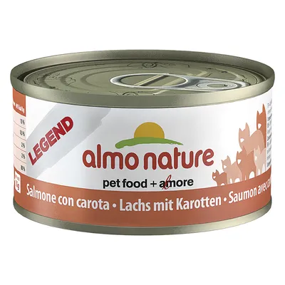 Lata de comida para animais Almo Nature Legend, texto visível: 'pet food + amore', sabor salmão com cenoura em várias línguas. Peso 70 g indicado no rótulo.