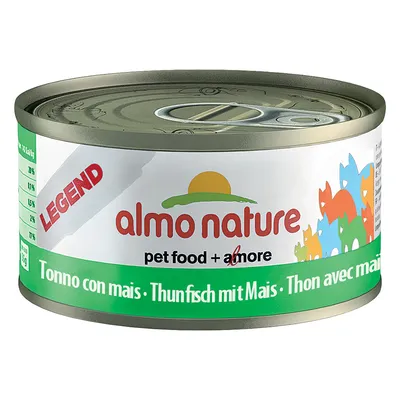 Lata de comida para animais Almo Nature Legend, texto visível: pet food + amore, Tonno con mais, Thunfisch mit Mais, Thon avec mais. Ilustração de gatos coloridos no rótulo.