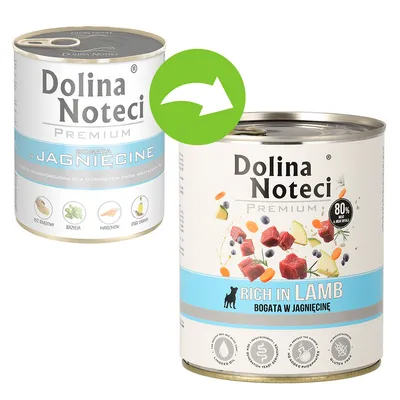 Dolina Noteci Premium Nassfutter für Hunde, reich an Lamm. Verpackung zeigt Zutaten wie Fleischstücke, Gemüse und Kräuter. Hinweis auf 80% Fleischanteil und glutenfrei.