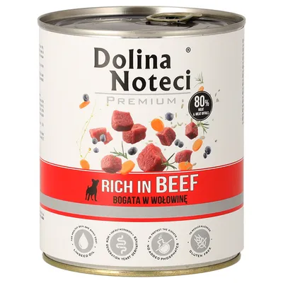 Dolina Noteci Premium, Rich in Beef, 80% Fleisch und Innereien. Icons: Leinsamenöl, Hefe-Derivate, ohne Phosphate, glutenfrei.