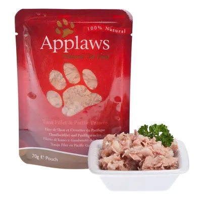 Applaws Natural Cat Food, 100% Natural, Tuna Fillet & Pacific Prawns, 70 g vrećica. Prikazana otvorena hrana u zdjelici s peršinom.