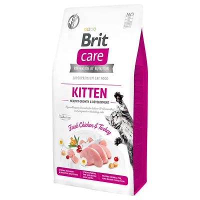 Brit Care Kitten, croquettes pour chaton, Fresh Chicken & Turkey, mentions : strong immunity & sensitive digestion, strengthens the skeleton and teeth, proper heart, eye, and brain function.