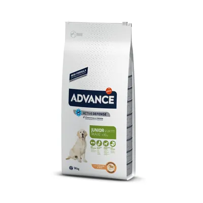 ADVANCE Active Defense Junior Maxi 12–24 months, yli 30 kg, kanan ja riisin kanssa, 14 kg. Pakkauksessa koiran kuva ja tuotetietoja englanniksi.