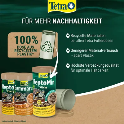 Tetra Futterdosen aus 100% recyceltem Plastik. Vorteile: recycelte Materialien, geringerer Materialverbrauch, höchste Verpackungsqualität für optimale Haltbarkeit.