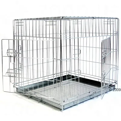 Cușcă metalică cu pereți din grilaj, două uși și tavă de bază detașabilă din metal.