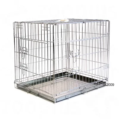 Metal wire crate with secure latches and removable tray, shown empty to display structure and features for containment or transport.