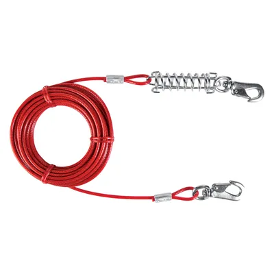Correa roja para perro de cable metálico con dos mosquetones y amortiguador de resorte, adecuada para una sujeción segura.