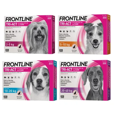 Frontline Tri-Act soluzione spot-on per cani, confezioni per 2–5 kg, 5–10 kg, 10–20 kg, 20–40 kg. Indicato contro pulci, zecche, mosche cavalline, flebotomi, zanzare. Non usare nei gatti.