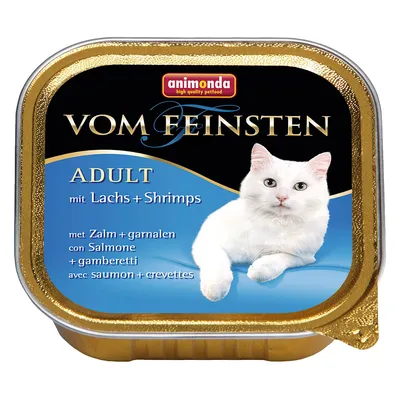 animonda Vom Feinsten ADULT mit Lachs + Shrimps, balenie s obrázkom bielej mačky, text v nemčine, holandčine, taliančine a francúzštine