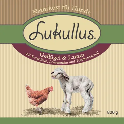 Lukullus Naturkost für Hunde, Geflügel & Lamm mit Kartoffeln, Löwenzahn und Traubenkernöl, 800 g. Na etykiecie kura i jagnię. Tekst w języku niemieckim.