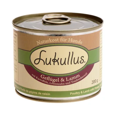 Lukullus Naturkost für Hunde, Geflügel & Lamm, mit Kartoffeln, Löwenzahn und Traubenkernöl, 200 g. Koiran märkäruokapurkki, etiketti saksaksi ja englanniksi.