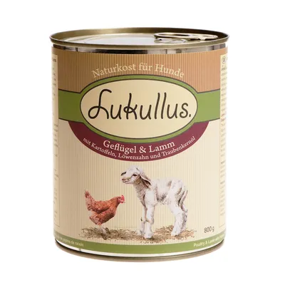 Lukullus Naturkost für Hunde, Geflügel & Lamm mit Kartoffeln, Löwenzahn und Traubenkernöl, 800 g. Kuvassa kana ja lammas purkin etiketissä.
