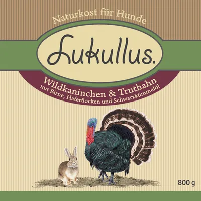 Lukullus Naturkost für Hunde, Wildkaninchen & Truthahn mit Birne, Haferflocken und Schwarzkümmelöl, 800 g. Text på tyska.