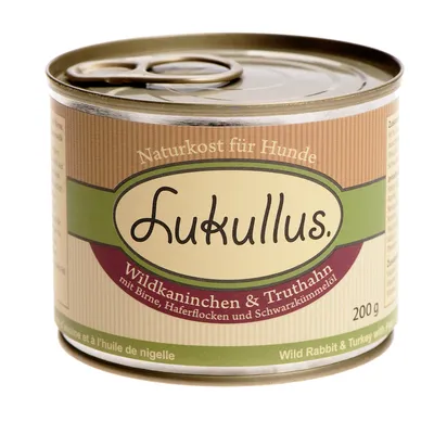 Konzerva Lukullus Naturkost für Hunde, Wildkaninchen & Truthahn mit Birne, Haferflocken und Schwarzkümmelöl, 200 g