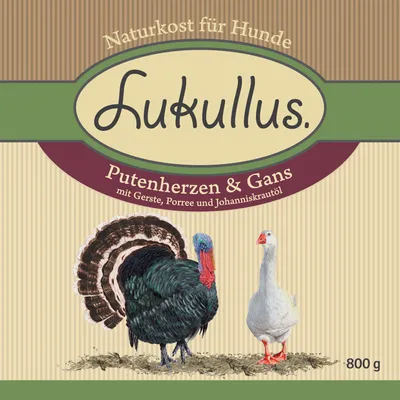 Lukullus Naturkost für Hunde, Putenherzen & Gans mit Gerste, Porree und Johanniskrautöl, 800 g. Tuotepakkauksessa kalkkuna ja hanhi.