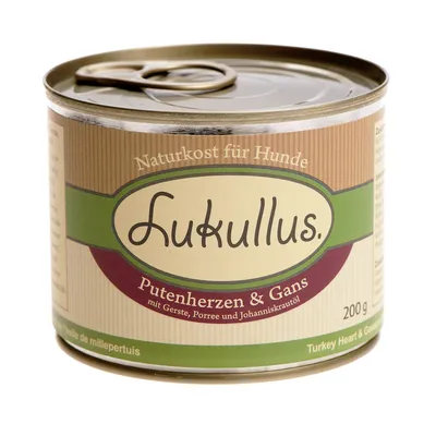 Lukullus Naturkost für Hunde, Putenherzen & Gans mit Gerste, Porree und Johanniskraut, 200 g konservburk. Text på tyska och engelska synlig.