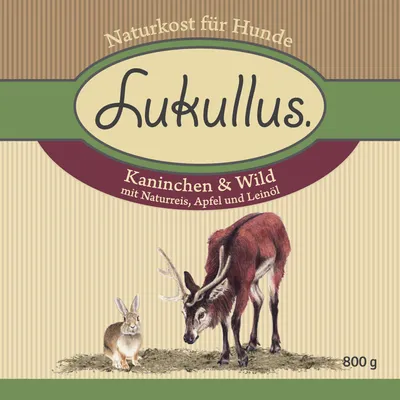 Lukullus Naturkost für Hunde Kaninchen & Wild mit Naturreis, Apfel und Leinöl, 800 g. Besedilo v nemščini.