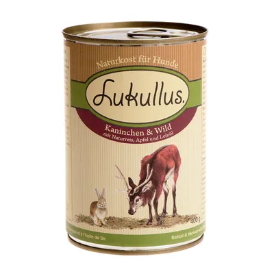 Lukullus Naturkost für Hunde Kaninchen & Wild mit Naturreis, Apfel und Leinöl, 400 g. Text på tyska och engelska. Bild av kanin och hjort på burken.