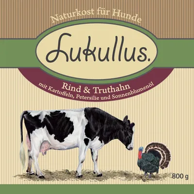 Lukullus Naturkost für Hunde, Rind & Truthahn mit Kartoffeln, Petersilie und Sonnenblumenöl, 800 g. Teksti saksaksi.
