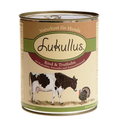 Lukullus Naturkost für Hunde - Rind & Truthahn, mit Kartoffeln, Petersilie und Sonnenblumenöl. 800 g säilykepurkki, etiketissä lehmä ja kalkkuna. Teksti saksaksi.