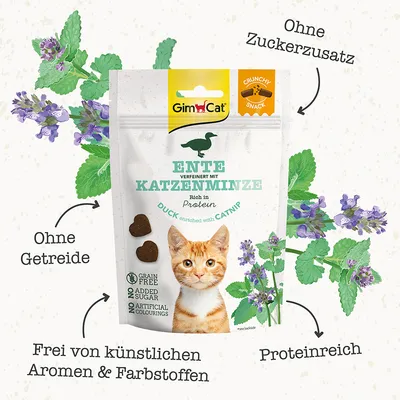 GimCat Crunchy Snack Ente verfeinert mit Katzenminze, proteinreich, ohne Zuckerzusatz, ohne Getreide, frei von künstlichen Aromen und Farbstoffen.