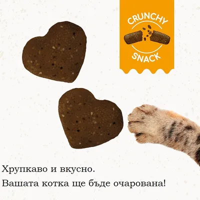 Два сърцевидни хрупкави снакса, котешка лапа, оранжов етикет с текст CRUNCHY SNACK и надпис: Хрупкаво и вкусно. Вашата котка ще бъде очарована! (текст на български)