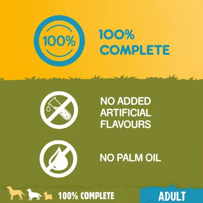 100% complete. No added artificial flavours. No palm oil. Suitable for adult pets.
