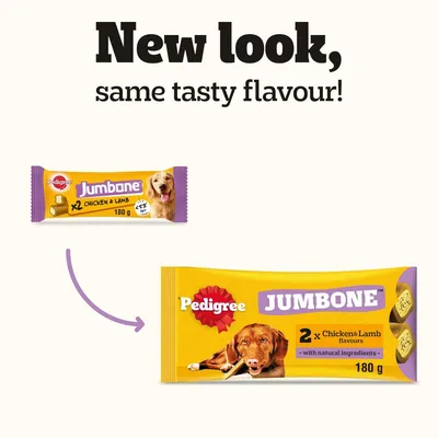Pedigree Jumbone 2x Chicken & Lamb flavours, with natural ingredients, 180g. Note: New packaging design, same great taste.