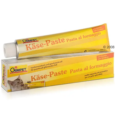 Gimpet Käse-Paste Pasta al formaggio con biotina, tubo da 220 g e confezione. Testo visibile: molto saporita ed aromatica per un pelo splendido.