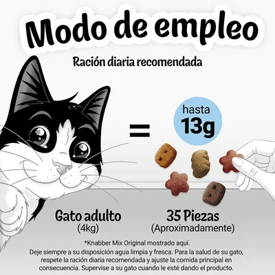 Modo de empleo: ración diaria recomendada para gato adulto (4 kg) es hasta 13 g o aproximadamente 35 piezas. Imagen de croquetas y mano ofreciendo una pieza.