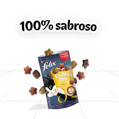 Purina Felix Knabber Mix Original, 2 kcal por pieza. Texto visible: '100% sabroso', 'Unerhört Lecker!'. Snacks en forma de estrella y cilindro alrededor del envase.