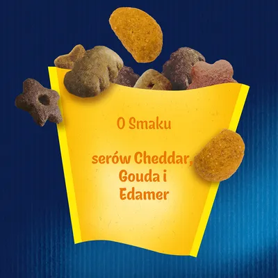 O Smaku serów Cheddar, Gouda i Edamer – widoczne różne kształty karmy na niebieskim tle.