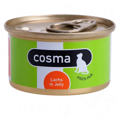 Boîte de nourriture pour chat cosma, texte visible : Lachs in Jelly, FISCH PUR. Étiquette verte avec silhouette de chat blanc.