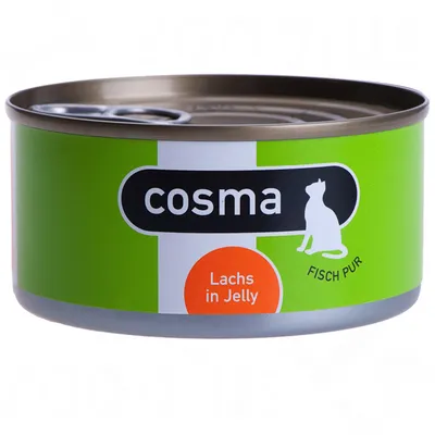 Cosma Fisch Pur, losos v želé. Zelený štítek se symbolem kočky a oranžovým kruhem.